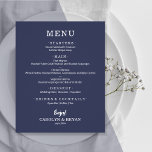 Budget Simple Elegant Sapphire Blue Wedding Menu<br><div class="desc">An affordable value paper of 80 lb. weight, these small sapphire blue dinner menu cards feature your food choices in chic white lettering. Perfect for a modern wedding reception, wedding rehearsal dinner, anniversary party, or any special event with a sit-down dinner. *Measures 4.5" x 5.6" (or choose from 2 other...</div>