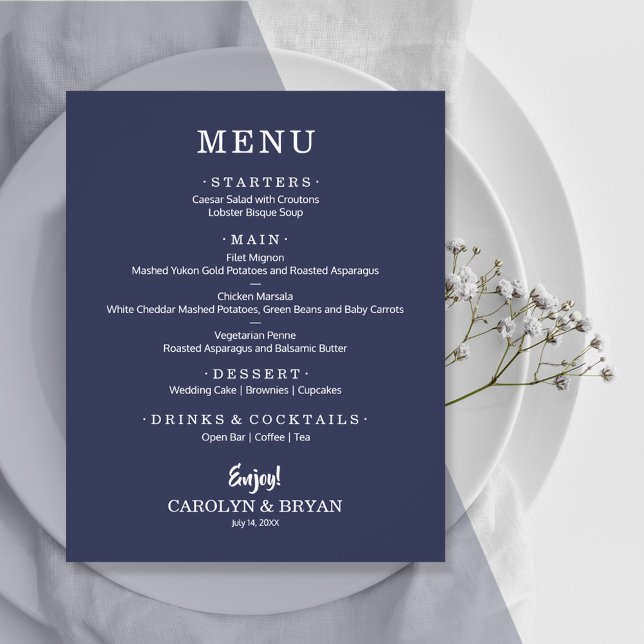Budget Simple Elegant Sapphire Blue Wedding Menu (Creator Uploaded)