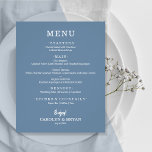 Budget Simple Elegant Slate Blue Wedding Menu<br><div class="desc">An affordable value paper of 80 lb. weight, these small slate blue dinner menu cards feature your food choices in chic white lettering. Perfect for a modern wedding reception, wedding rehearsal dinner, anniversary party, or any special event with a sit-down dinner. *Measures 4.5" x 5.6" (or choose from 2 other...</div>