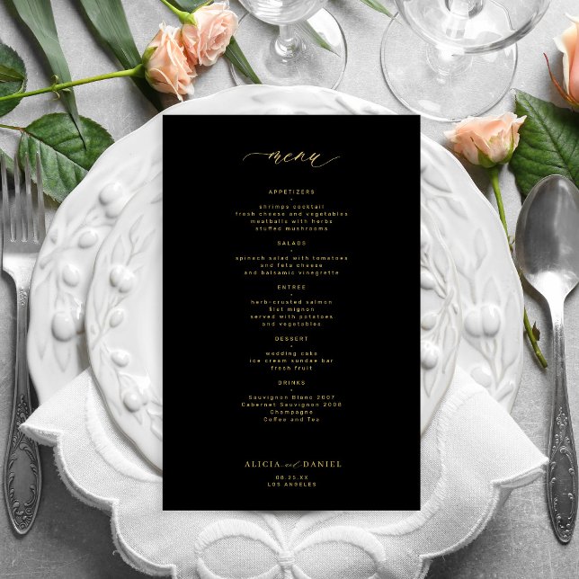 Budget simple gold script black wedding menu (Creator Uploaded)