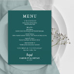 Budget Simple Gold Wedding Menu<br><div class="desc">An excellent value, a dark teal dinner menu printed on thinner 80 lb uncoated matte paper features your food choices in chic white lettering. Perfect for a modern wedding reception, wedding rehearsal dinner, anniversary party or any special event with a sit-down dinner. Measures 4.5" x 5.6", but you can choose...</div>
