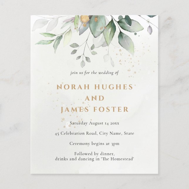 Budget Simple Green & Gold Botanical Invitation (Front)