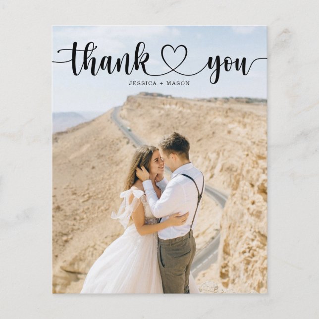 Budget Simple Heart Script Wedding Thank You Cards (Front)
