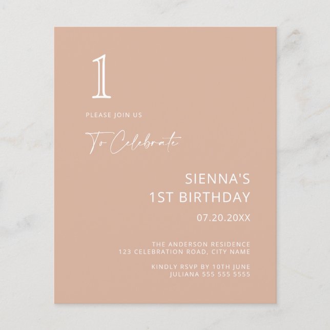 Budget Simple Minimalist Blush Pink 1st Birthday  (Front)