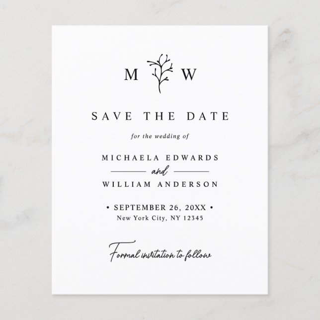 Budget Simple Modern Botanical Save The Date Card (Front)
