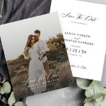 Budget simple modern photo wedding save the date<br><div class="desc">Boho minimalist photo overlay BUDGET AFFORDABLE wedding save the date card template with your custom engagement picture and a trendy handwriting chic romantic calligraphy script.                  Personalise it with your photos and details!</div>