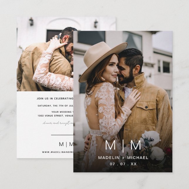Budget Simple Monogram Photo Wedding Invitation (Front/Back)
