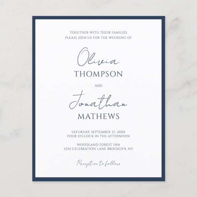 BUDGET Simple Navy Blue Border Script Wedding (Front)