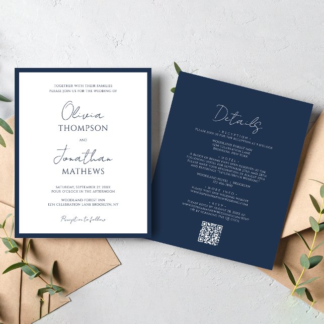 BUDGET Simple Navy Blue Script QR Code Wedding (Creator Uploaded)