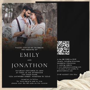 Budget Simple Photo QR Code Wedding Black Invite