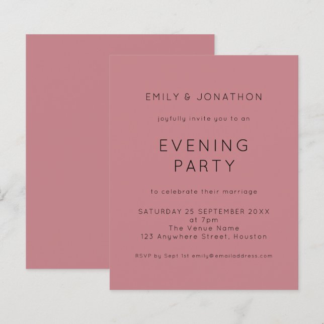 Budget Simple Pink Wedding Evening Party Invite (Front/Back)