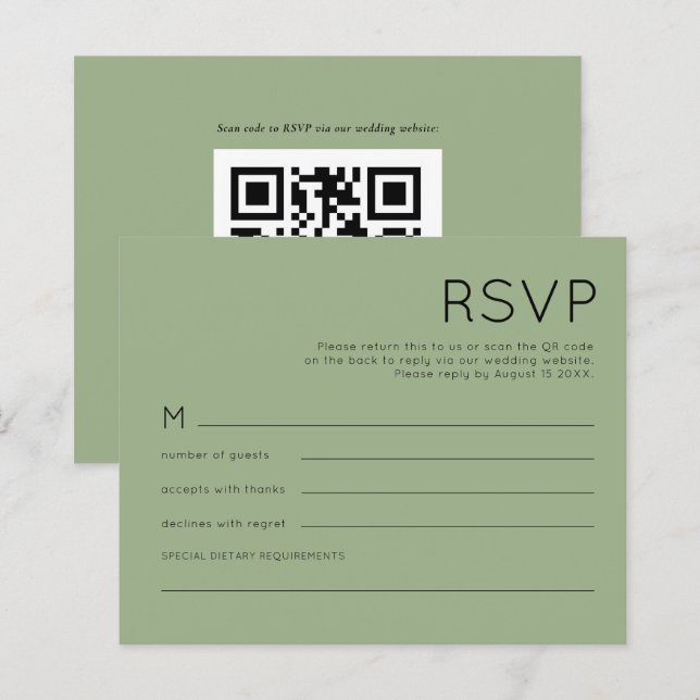 Budget Simple QR Code Sage Green Wedding RSVP (Front/Back)