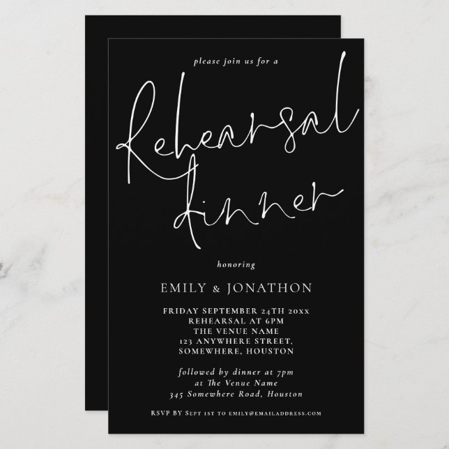 Budget Simple Rehearsal Dinner Script Black invite (Front/Back)