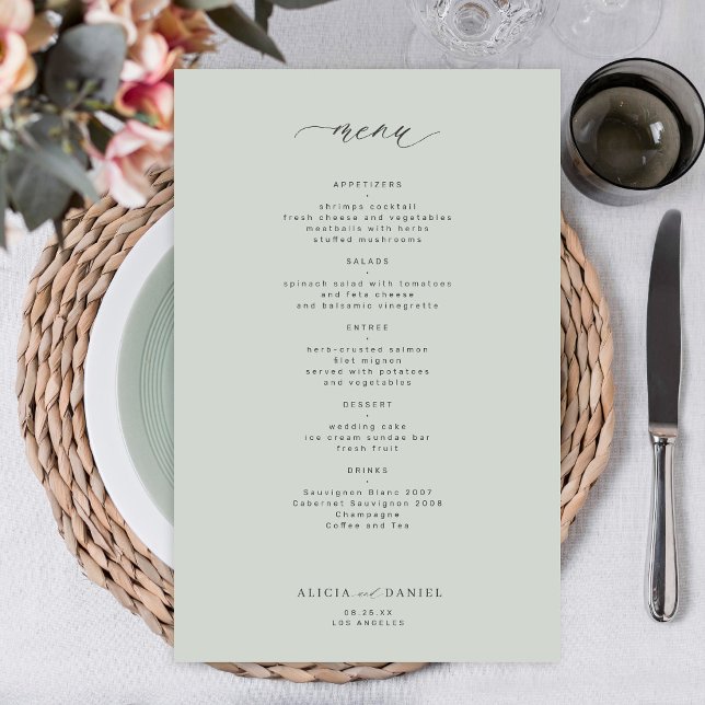 Budget simple sage green wedding menu (Creator Uploaded)