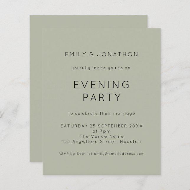 Budget Simple Sage Wedding Evening Party Invite (Front/Back)