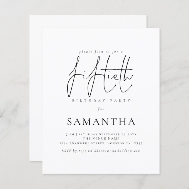 Budget Simple Script 50th Birthday Party Invite (Front/Back)