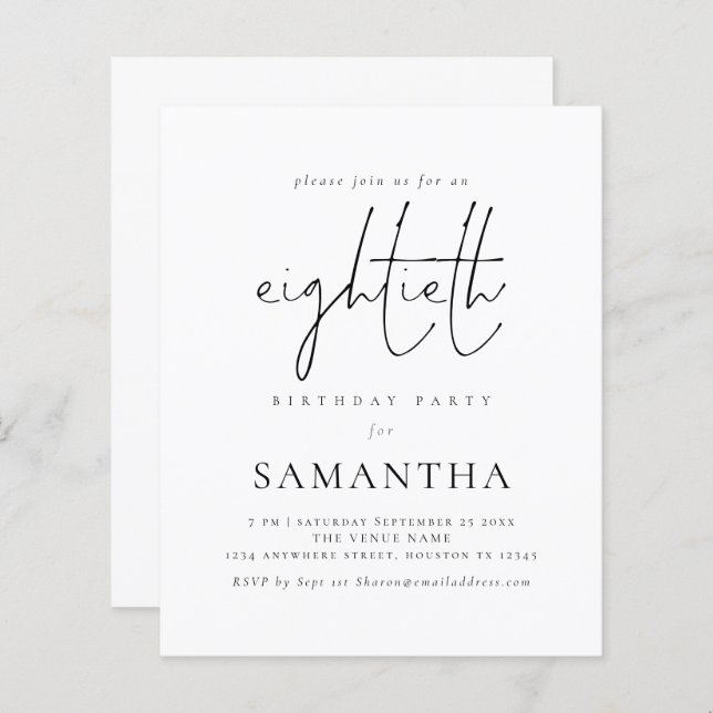 Budget Simple Script 80th Birthday Party Invite (Front/Back)