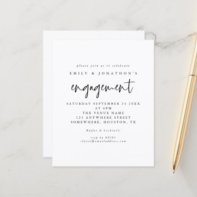 Budget Simple Script Black White Engagement Invite (Front/Back In Situ)