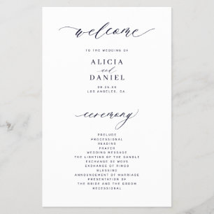 Budget simple script dark navy wedding program flyer