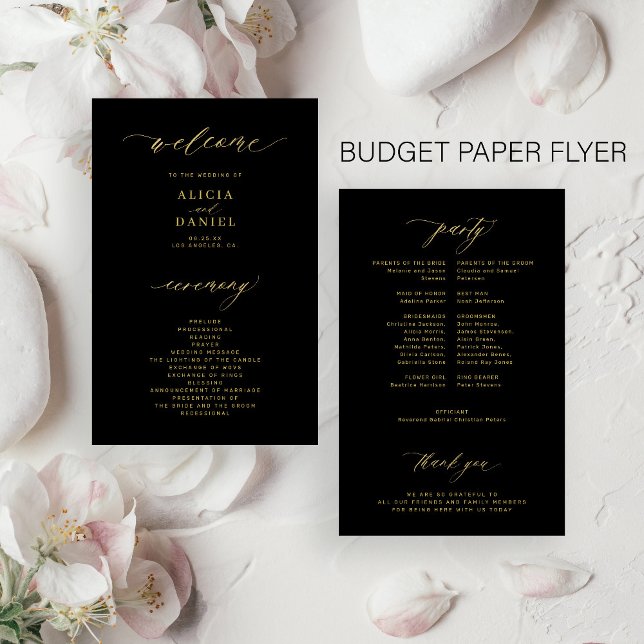 Budget simple script gold black wedding program flyer (Creator Uploaded)