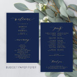 Budget simple script gold navy wedding program flyer<br><div class="desc">Modern simple minimalist faux gold script trendy ceremony and party BUDGET affordable dark navy blue wedding program PAPER FLYER template featuring chic trendy calligraphy. Easy to personalise with your custom text on both sides! PLEASE READ THIS BEFORE PURCHASING! This is a low budget affordable program printed on a FLYER (advertising...</div>