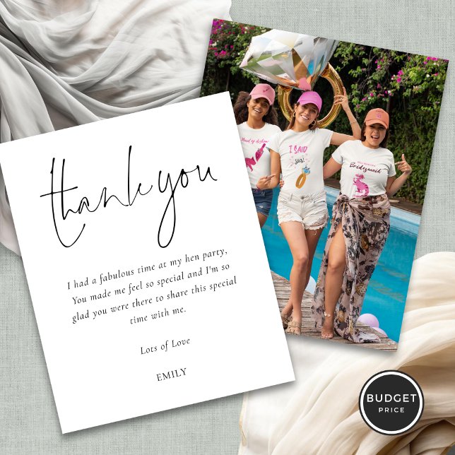 Budget Simple Script Photo Hen Party Thank You (Front and back view)