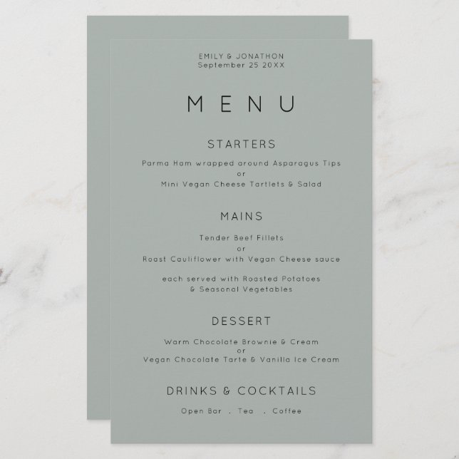 Budget Simple Silvery Sage Green Wedding Menu (Front/Back)