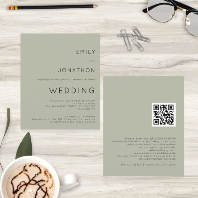 Budget Simple Soft Sage QR Code Wedding Invite (Creator Uploaded)