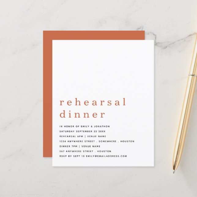 Budget Simple Terracotta Rehearsal Dinner Invite (Front/Back In Situ)