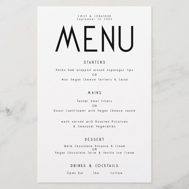 Budget Simple Text Any Colour Wedding Menu (Front)