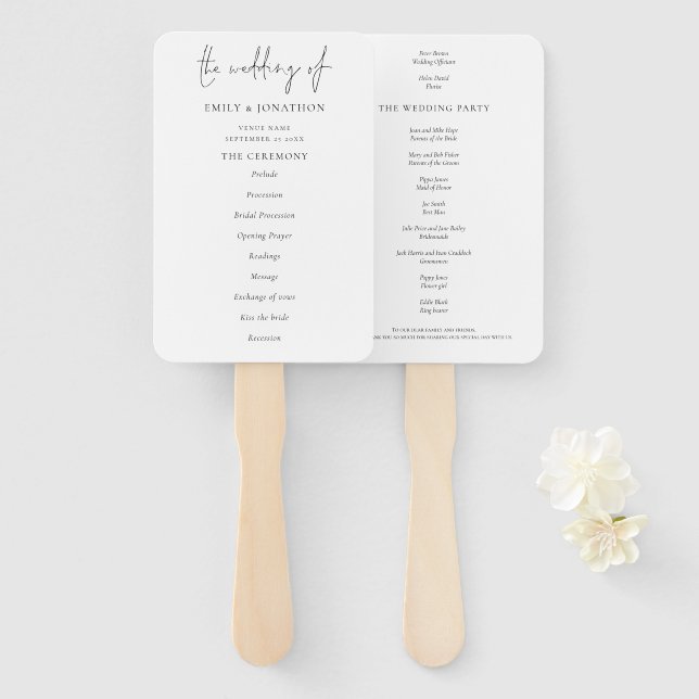 Budget Simple Text Black White Wedding Program Hand Fan (Front and Back)