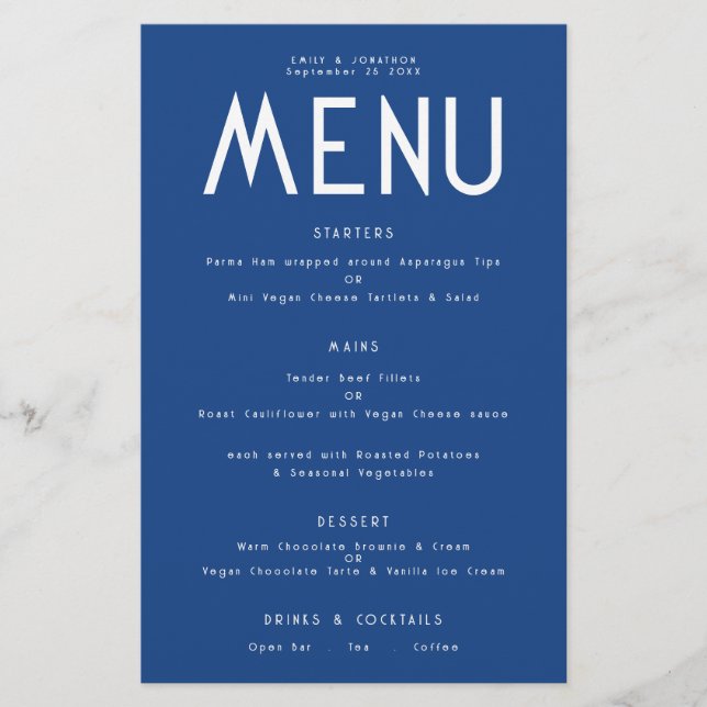 Budget Simple Text Blue Wedding Menu (Front)
