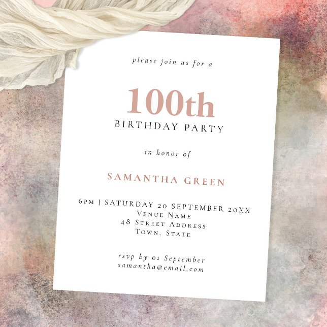 Budget Simple Text Blush 100th Birthday Invitation (Creator Uploaded)
