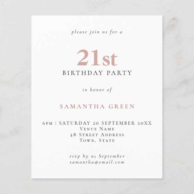 Budget Simple Text Blush 21st Birthday Invitation (Front)