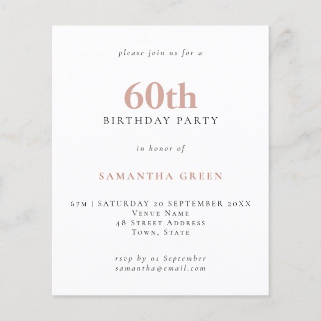 Budget Simple Text Blush 60th Birthday Invitation (Front)