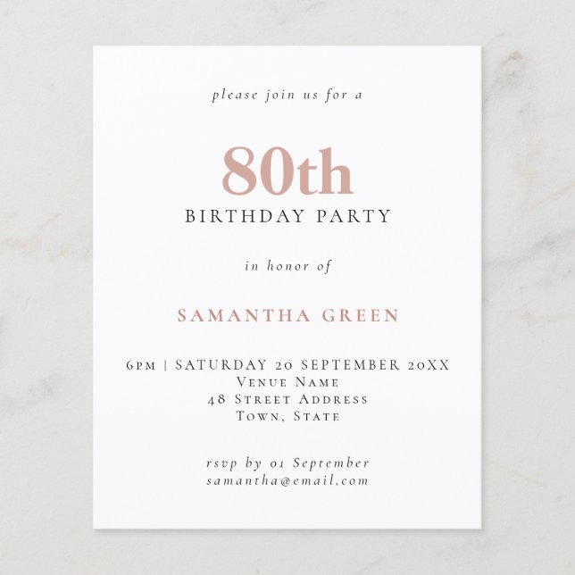 Budget Simple Text Blush 80th Birthday Invitation (Front)