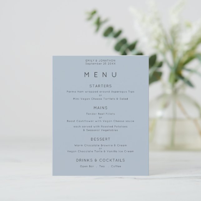Budget Simple Text Dusty Blue Wedding Menu (Standing Front)