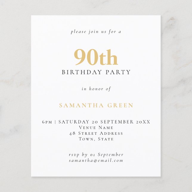 Budget Simple Text Gold Black 90th Birthday Invite (Front)