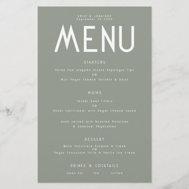 Budget Simple Text Sage Green Wedding Menu (Front)