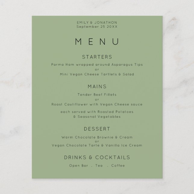 Budget Simple Text Sage Green Wedding Menu (Front)
