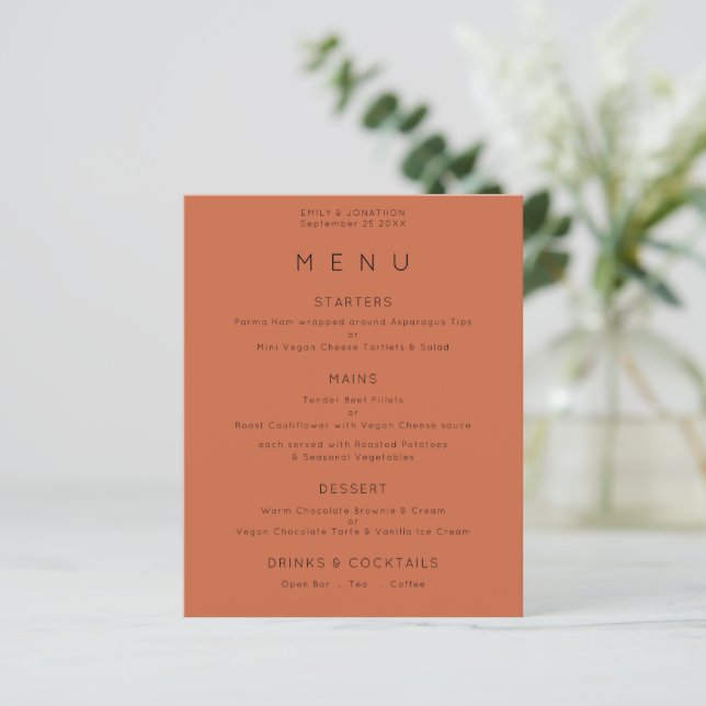 Budget Simple Text Terracotta Wedding Menu (Standing Front)