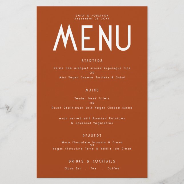 Budget Simple Text Terracotta Wedding Menu (Front)