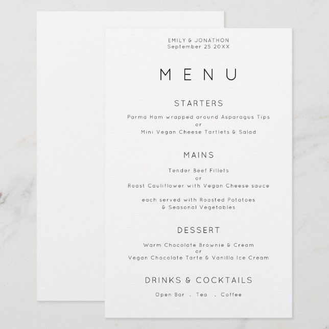Budget Simple Typography BlacK White Wedding Menu (Front/Back)