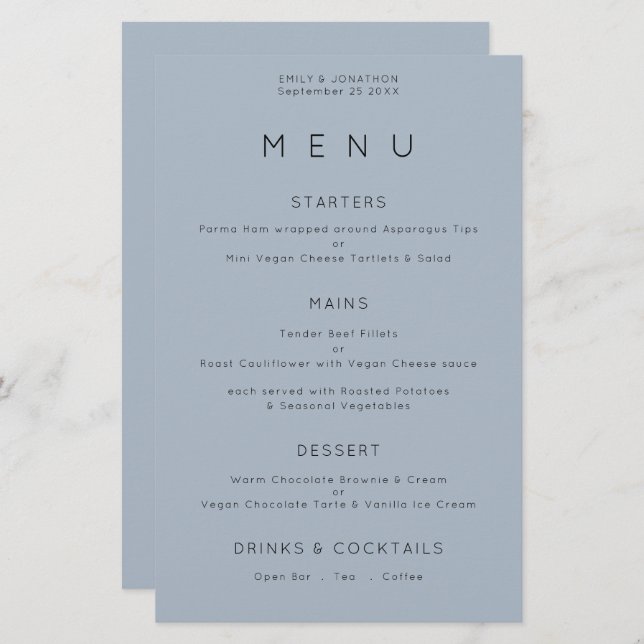 Budget Simple Typography Dusty Blue Wedding Menu (Front/Back)