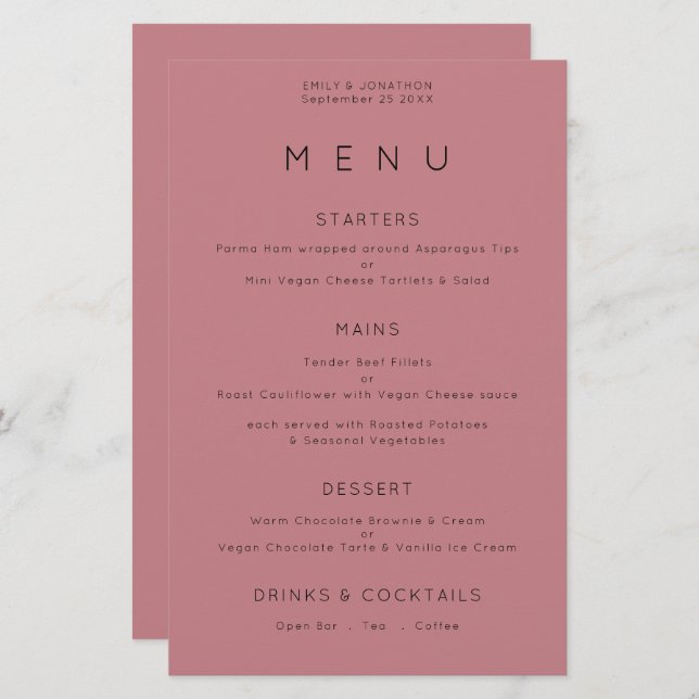 Budget Simple Typography Dusty Rose Wedding Menu (Front/Back)