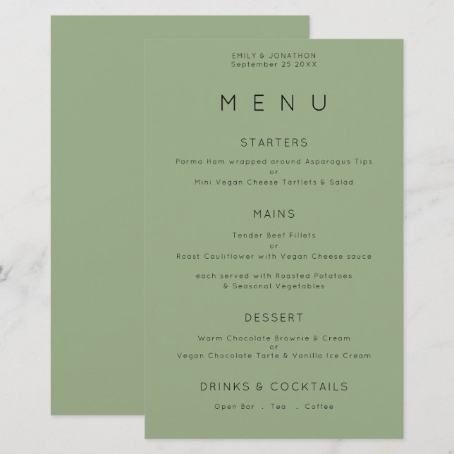 Budget Simple Typography Sage Green Wedding Menu (Front/Back)