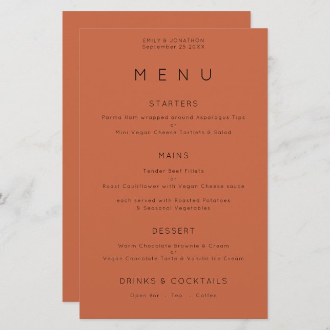 Budget Simple Typography Terracotta Wedding Menu (Front/Back)