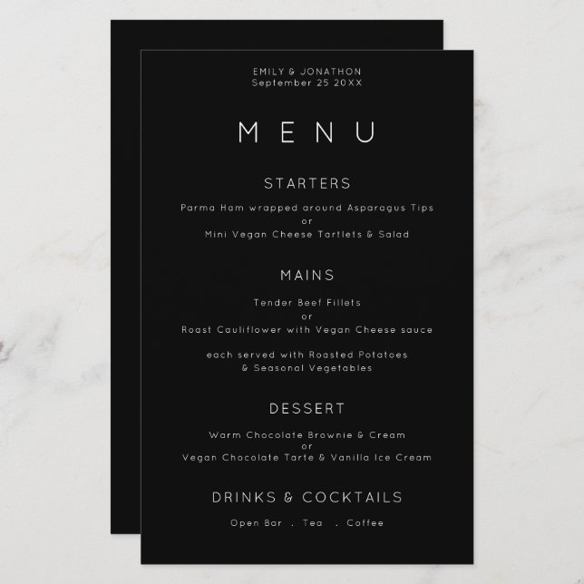 Budget Simple Typography White Black Wedding Menu (Front/Back)