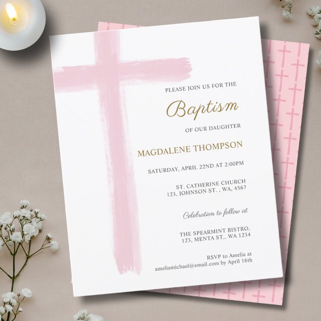 Budget Simple Watercolor Pink Cross Girl Baptism (Creator Uploaded)