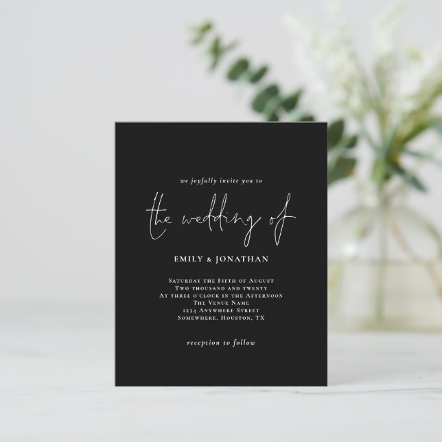 Budget Simple White Black Wedding Invitation (Standing Front)